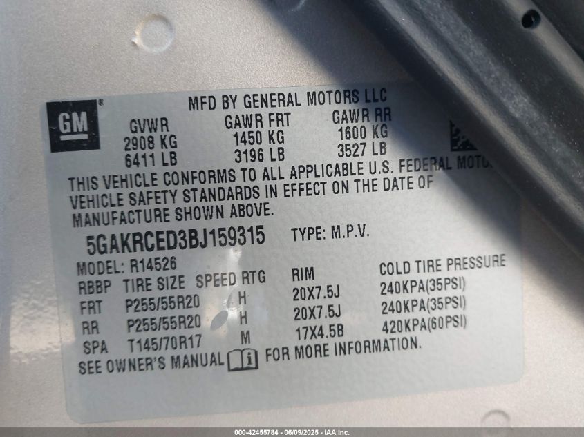 2011 Buick Enclave 2Xl VIN: 5GAKRCED3BJ159315 Lot: 42455784