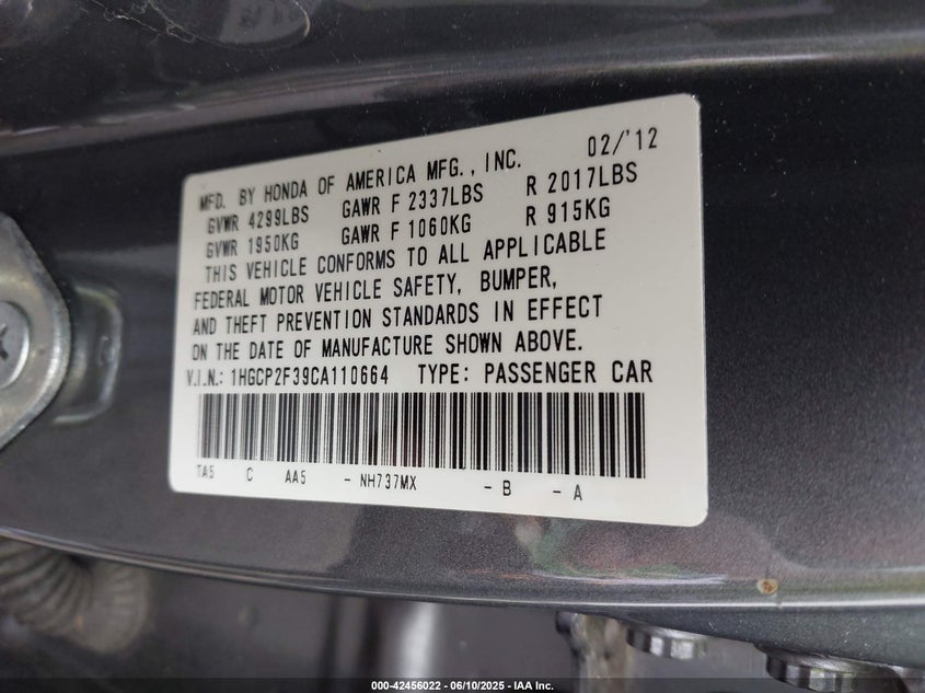 2012 HONDA ACCORD VIN: 1HGCP2F39CA110664