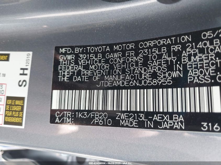 2022 Toyota Corolla Hybrid Le VIN: JTDEAMDE6NJ058955 Lot: 42456084