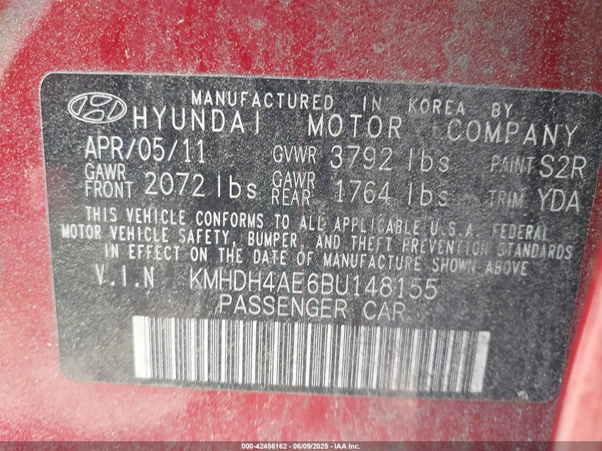 2011 HYUNDAI ELANTRA VIN: KMHDH4AE6BU148155