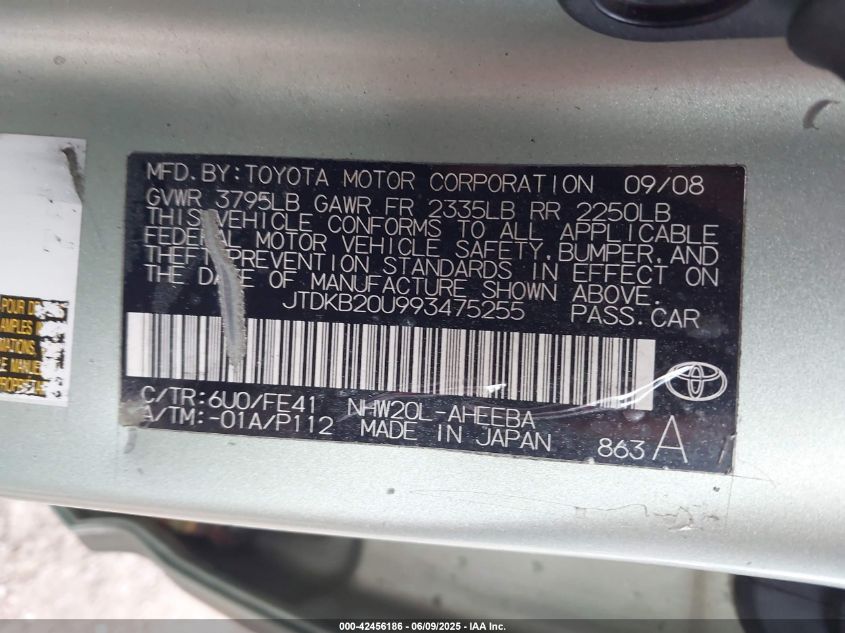 2009 Toyota Prius VIN: JTDKB20U993475255 Lot: 42456186