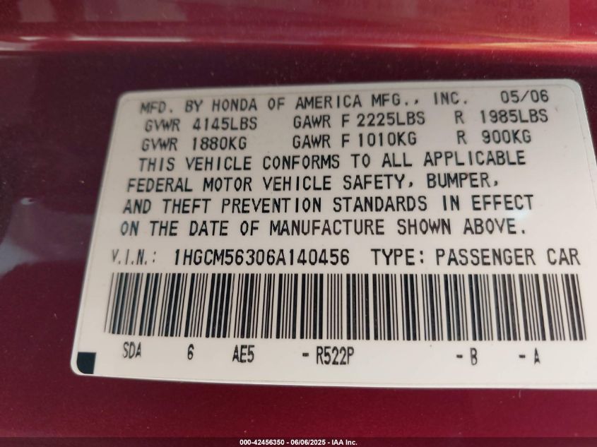 2006 Honda Accord 2.4 Se VIN: 1HGCM56306A140456 Lot: 42456350