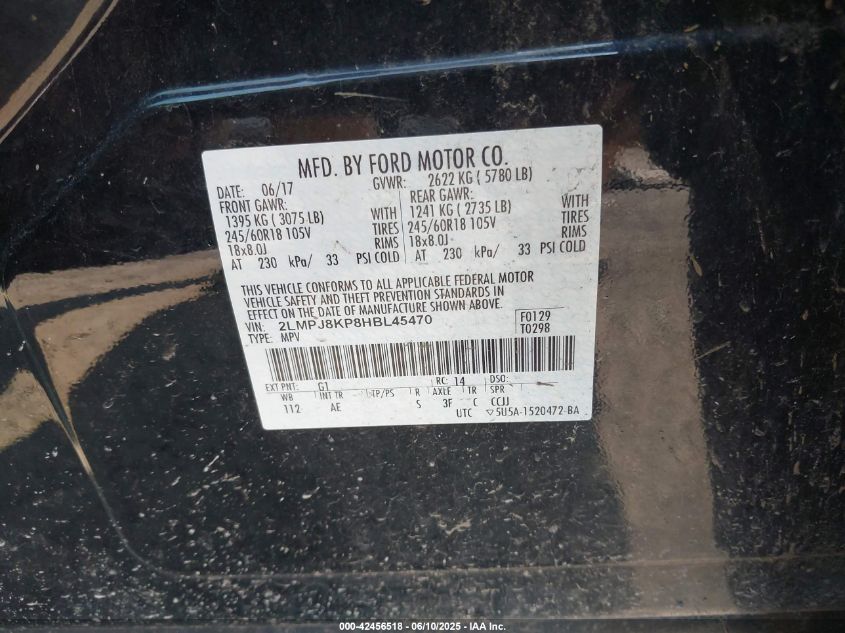 2017 Lincoln Mkx Select VIN: 2LMPJ8KP6HB246470 Lot: 42456518