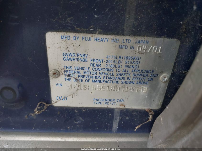 2002 Subaru Forester S VIN: JF1SF65512H714793 Lot: 42456689