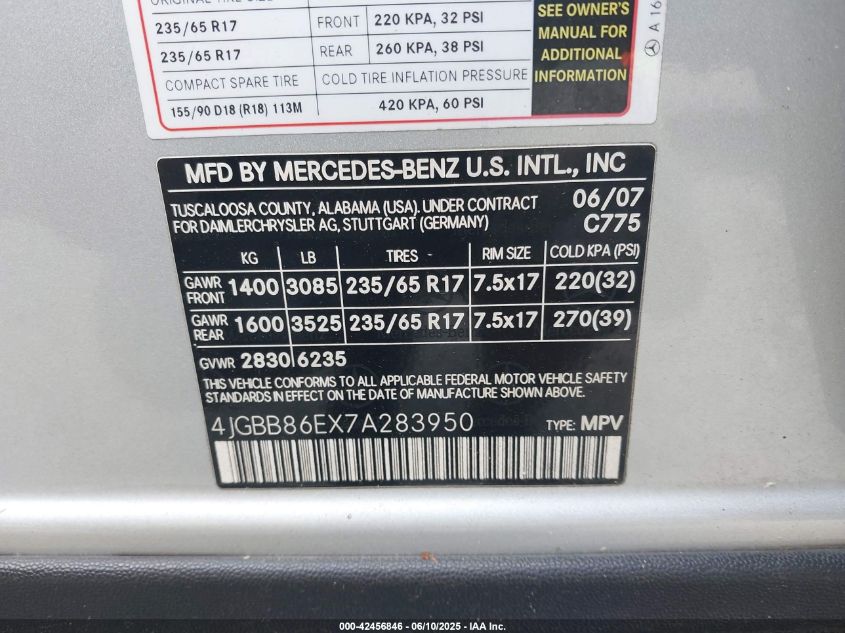2007 Mercedes-Benz Ml 350 4Matic VIN: 4JGBB86EX7A283950 Lot: 42456846