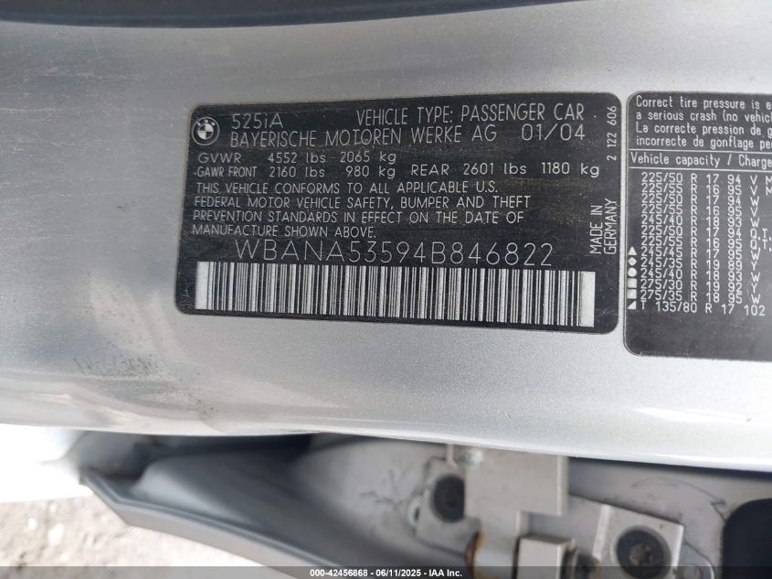 2004 BMW 525I VIN: WBANA53594B846822 Lot: 42456868