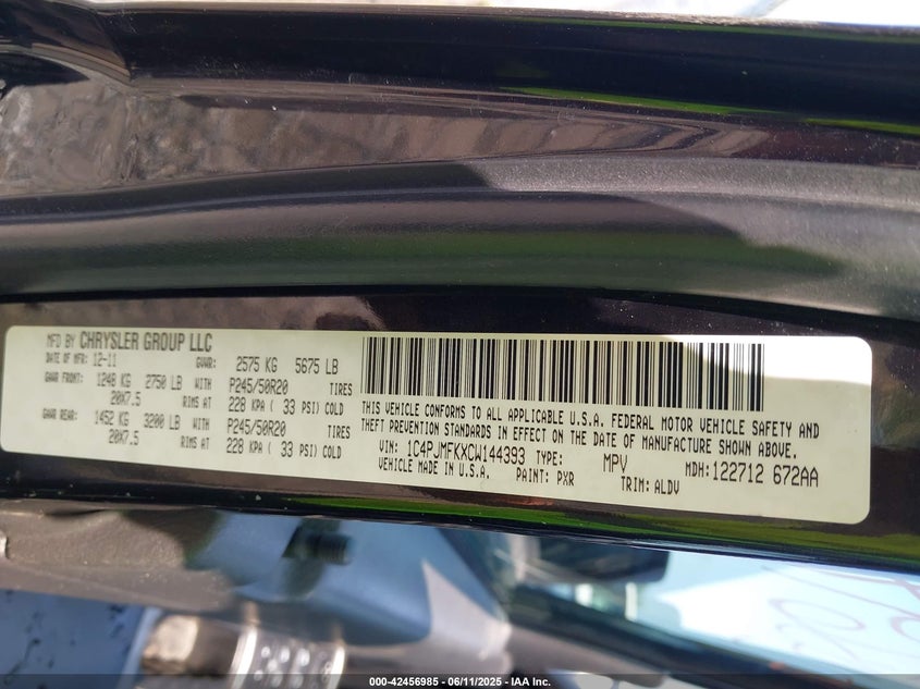 2012 JEEP LIBERTY VIN: 1C4PJMFKXCW144393