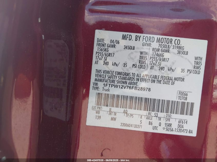 2006 Ford F-150 Lariat/Xlt VIN: 1FTPW12V76FB28978 Lot: 42457039