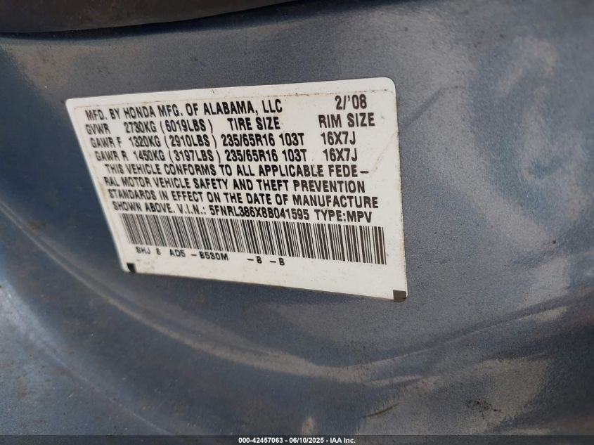 2008 Honda Odyssey Ex-L VIN: 5FNRL386X8B041595 Lot: 42457063