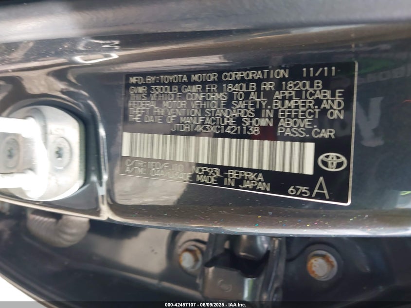 2012 TOYOTA YARIS VIN: JTDBT4K3XC1421138