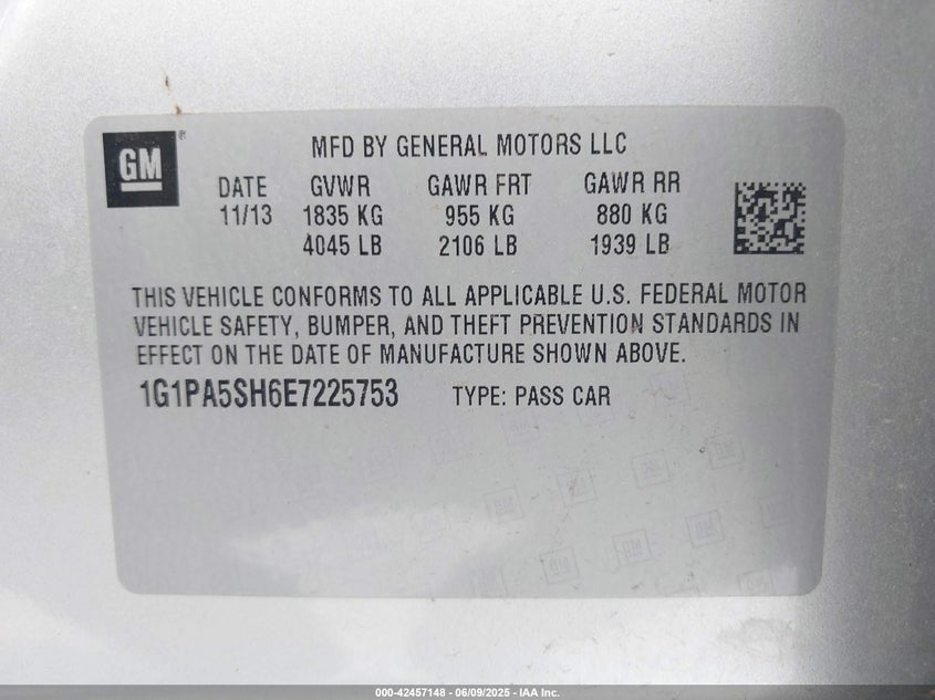 2014 CHEVROLET CRUZE VIN: 1G1PA5SH6E7225753