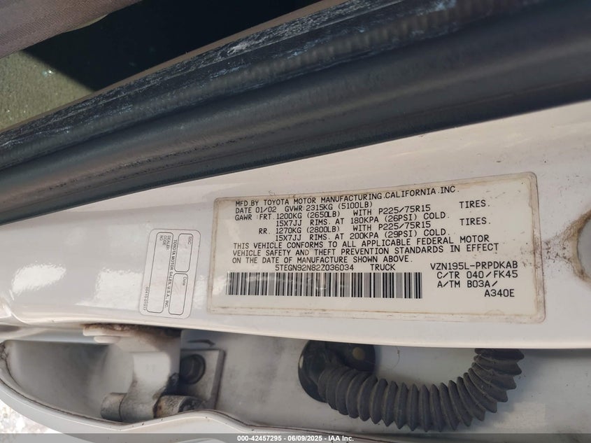 2002 Toyota Tacoma Prerunner V6 VIN: 5TEGN92N82Z036034 Lot: 42457295