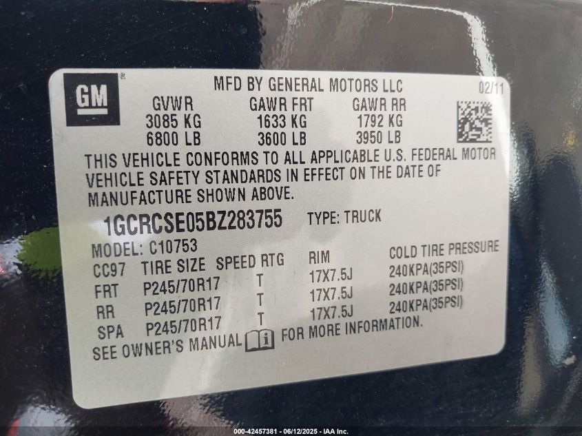 2011 Chevrolet Silverado 1500 Lt VIN: 1GCRCSE05BZ283755 Lot: 42457381