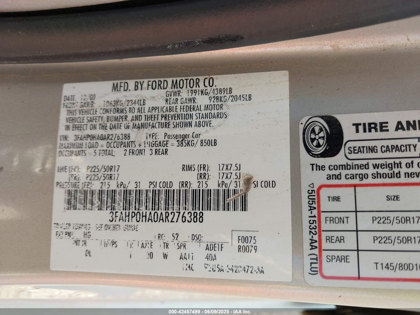 2010 FORD FUSION VIN: 3FAHP0HA0AR276388