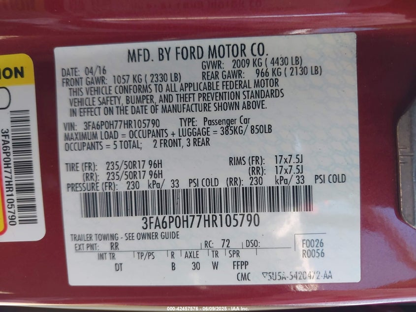 2017 FORD FUSION VIN: 3FA6P0H77HR105790