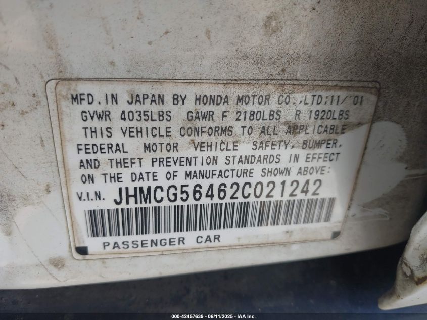 2002 Honda Accord 2.3 Lx VIN: JHMCG56462C021242 Lot: 42457639