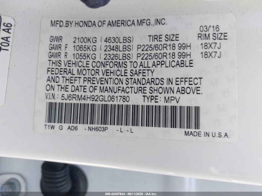 2016 Honda Cr-V Touring VIN: 5J6RM4H92GL061780 Lot: 42457644