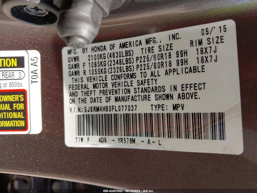 2015 HONDA CR-V TOURING - 5J6RM4H90FL077037