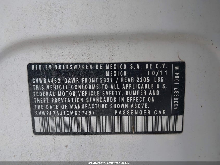 2012 Volkswagen Jetta Sportwagen 2.0L Tdi VIN: 3VWPL7AJ1CM637497 Lot: 42458017
