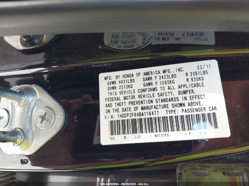 2011 Honda Accord 2.4 Ex-L VIN: 1HGCP2F84BA116477 Lot: 42458064