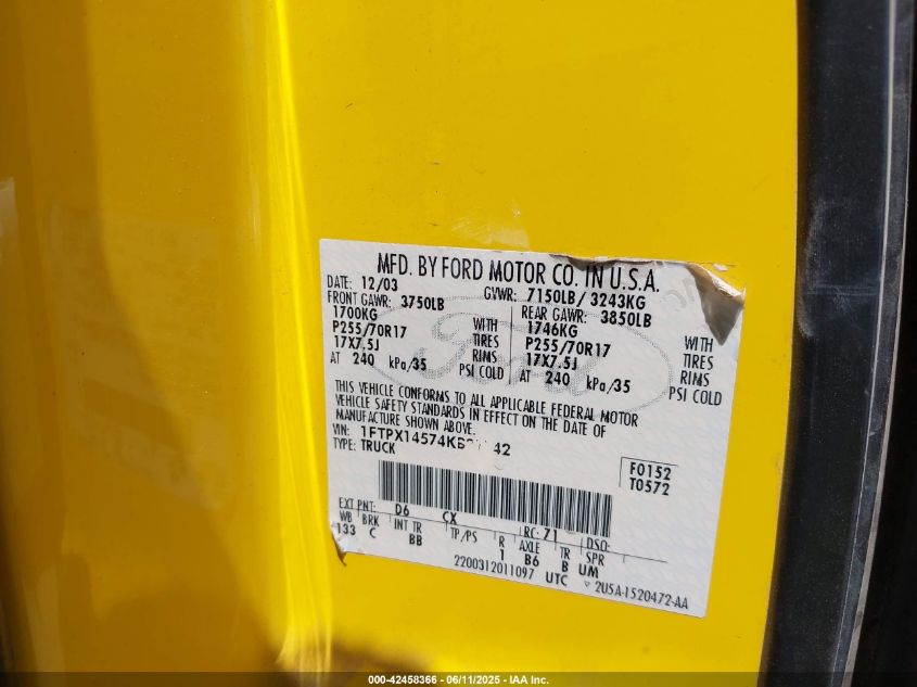 2004 Ford F-150 Fx4/Lariat/Xl/Xlt VIN: 1FTPX14574KB91142 Lot: 42458366
