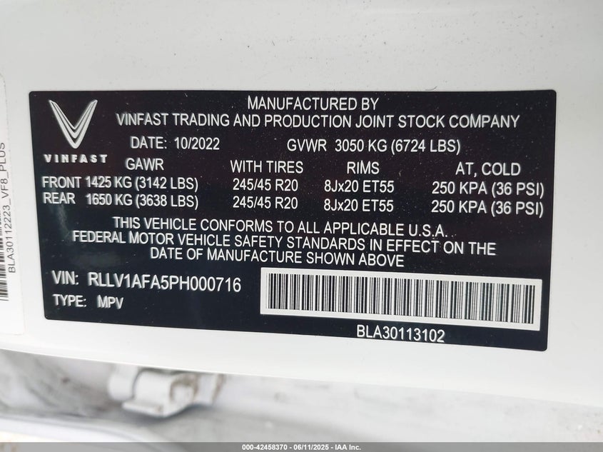 VIN RLLV1AFA5PH000716 2023 VINFAST VF 8 PLUS