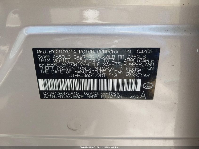 2007 Lexus Es 350 VIN: JTHBJ46G172011118 Lot: 42458407