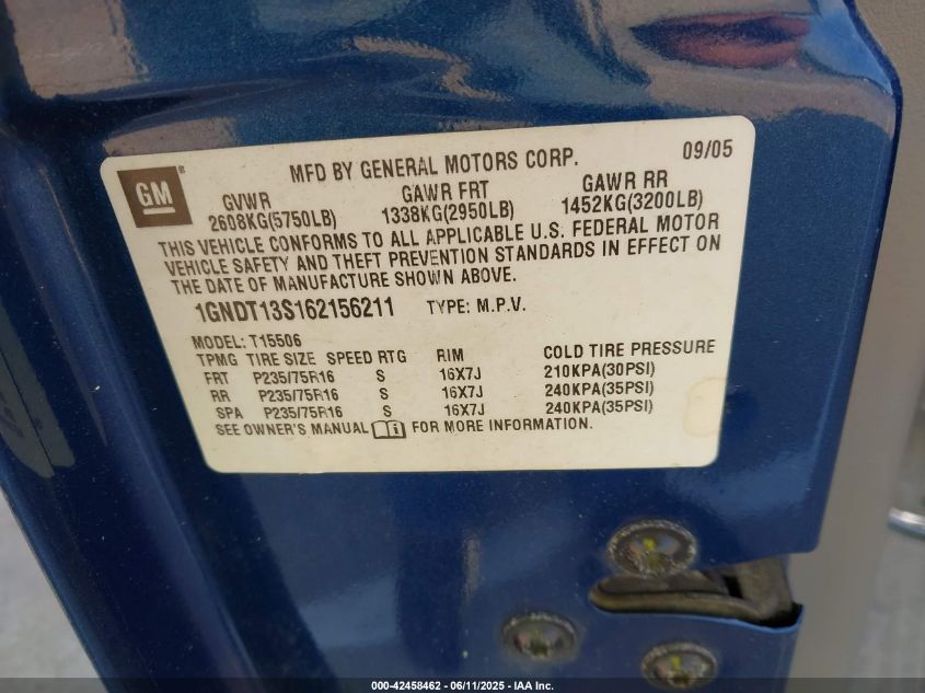 2006 Chevrolet Trailblazer Ls/Lt VIN: 1GNDT13S162156211 Lot: 42458462