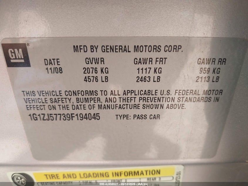2009 CHEVROLET MALIBU VIN: 1G1ZJ57739F194045