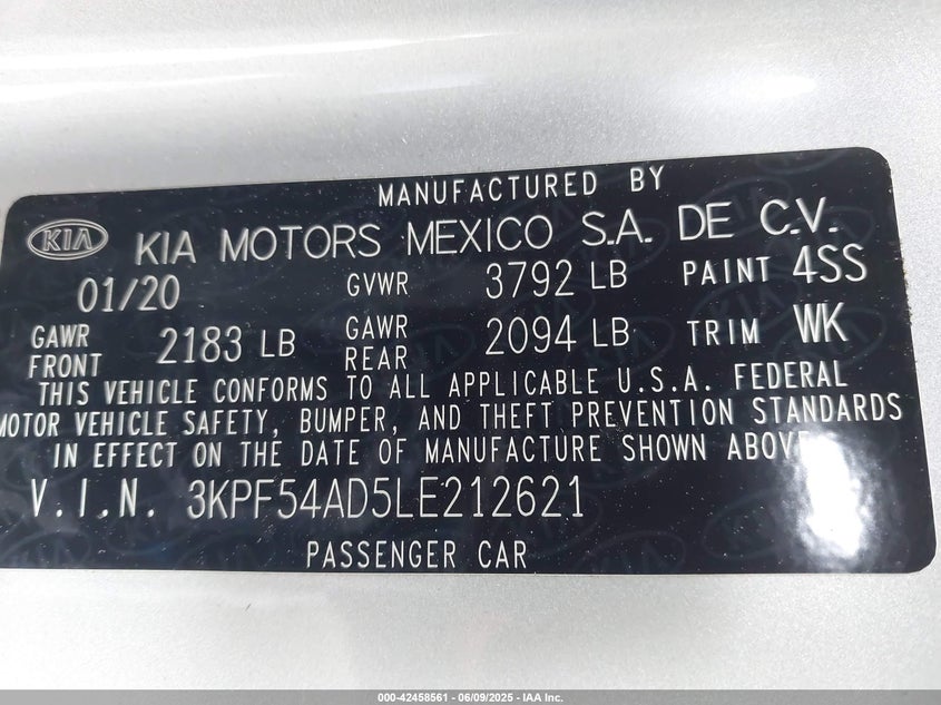 2020 KIA FORTE VIN: 3KPF54AD5LE212621