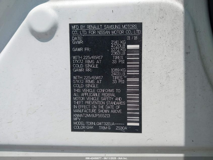 2018 Nissan Rogue Sv VIN: KNMAT2MV9JP555213 Lot: 42458577