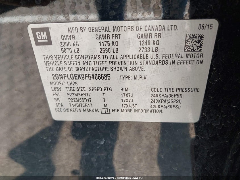 2015 CHEVROLET EQUINOX VIN: 2GNFLGEK9F6408685