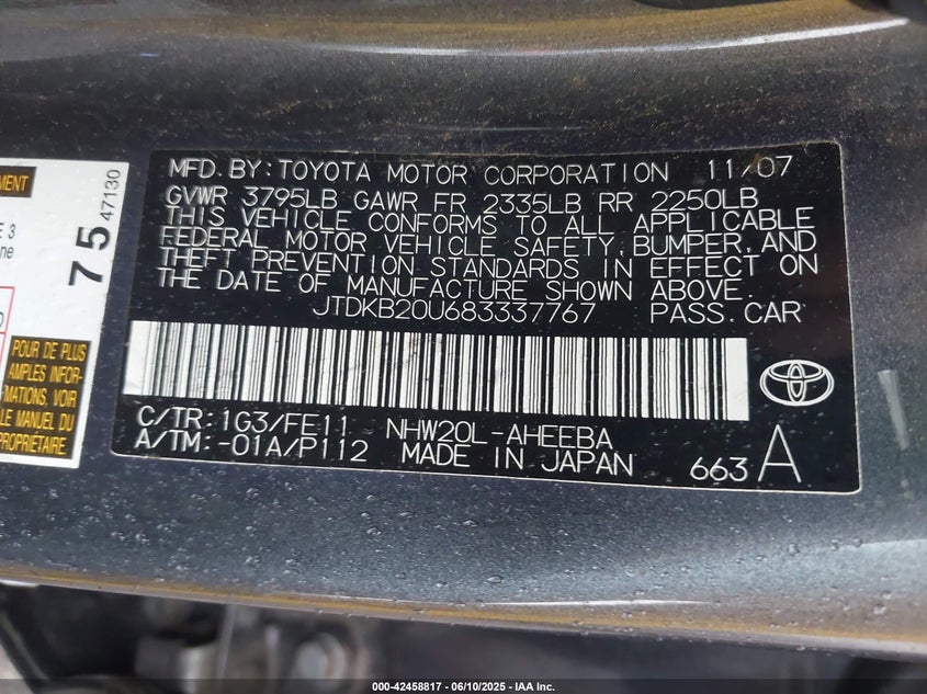 2008 Toyota Prius VIN: JTDKB20U683337767 Lot: 42458817