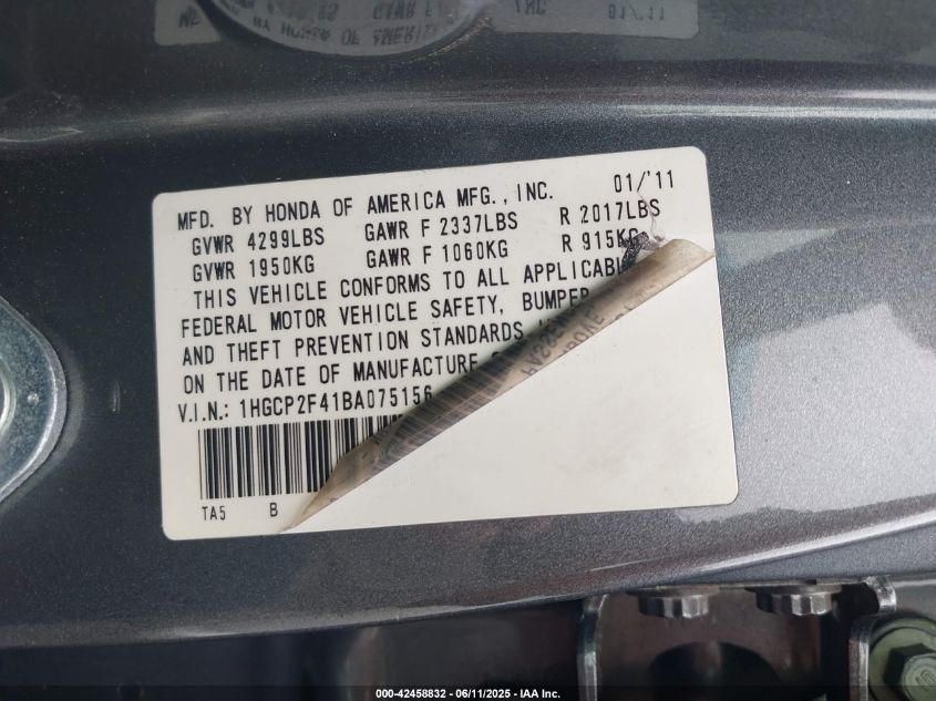 2011 Honda Accord 2.4 Lx-P VIN: 1HGCP2F41BA075156 Lot: 42458832