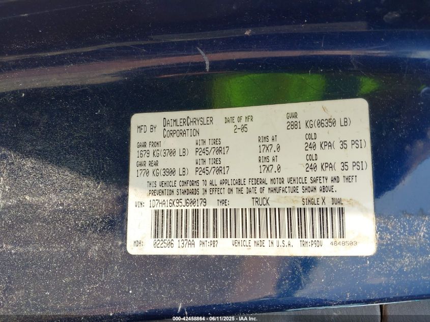 2005 Dodge Ram 1500 St VIN: 1D7HA16K95J600179 Lot: 42458864