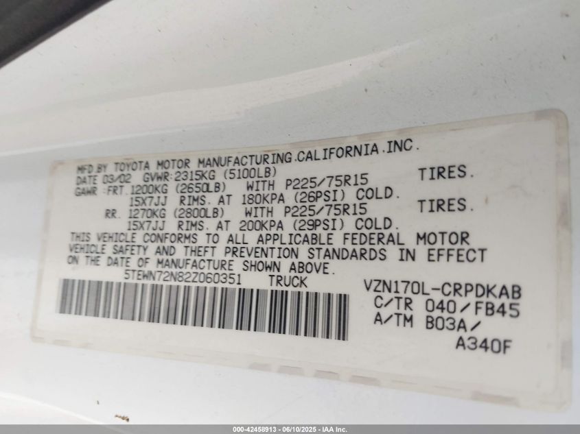 2002 Toyota Tacoma Base V6 VIN: 5TEWN72N82Z060351 Lot: 42458913