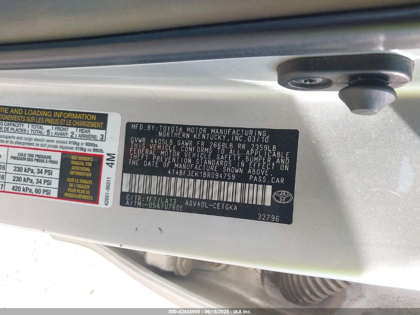 2011 Toyota Camry Xle VIN: 4T4BF3EK1BR094759 Lot: 42458969