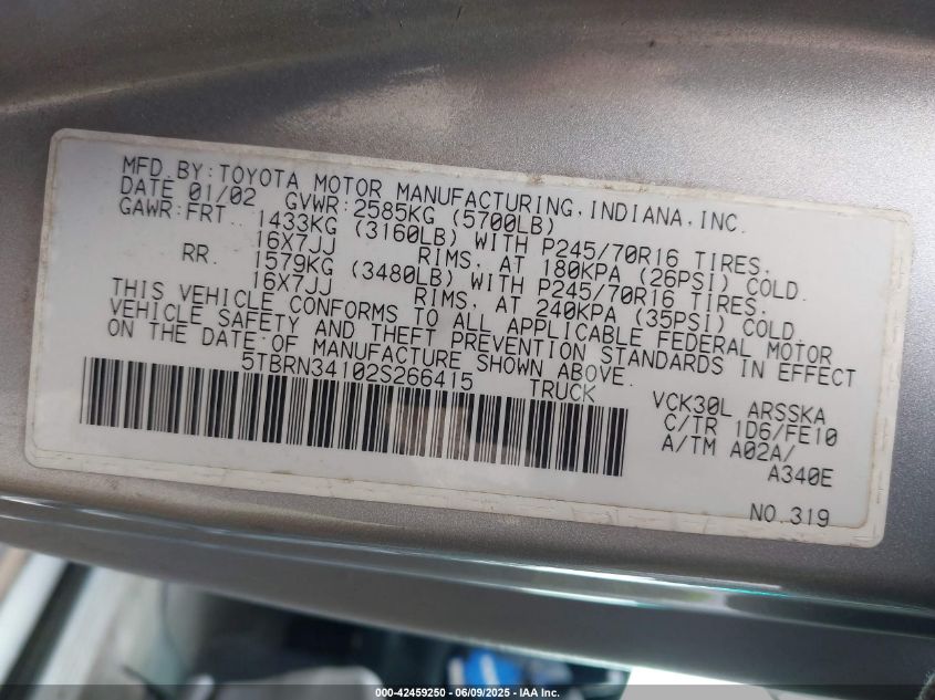 2002 Toyota Tundra Sr5 VIN: 5TBRN34102S266415 Lot: 42459250