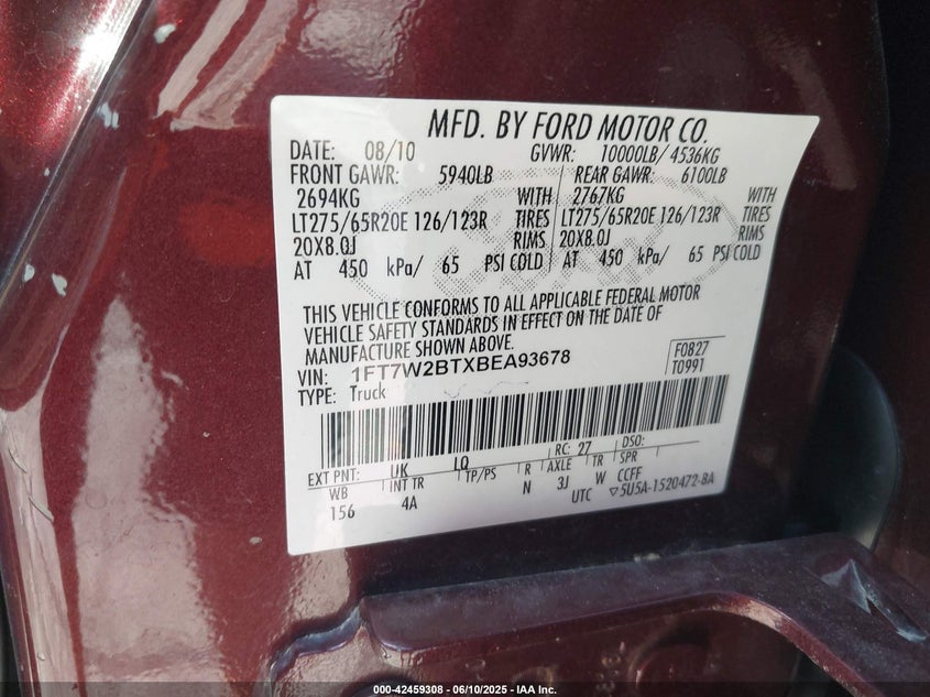 2011 Ford F250 Super Duty VIN: 1FT7W2BTXBEA93678 Lot: 58450564