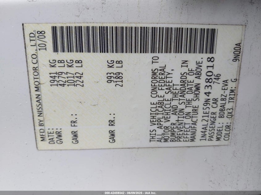 2009 NISSAN ALTIMA VIN: 1N4AL21E59N438018