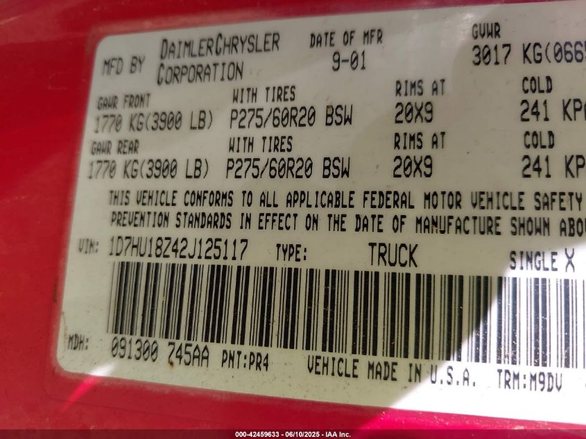 2002 Dodge Ram 1500 St VIN: 1D7HU18Z42J125117 Lot: 42459633