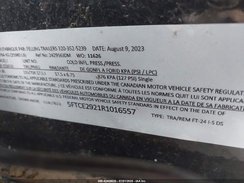 2024 FELLING TRAILER(VIN: 5FTCE2921R1016557