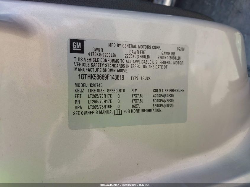 2009 GMC Sierra 2500Hd Sle VIN: 1GTHK53669F143619 Lot: 42459957