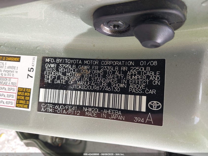 2008 TOYOTA PRIUS VIN: JTDKB20U987746130