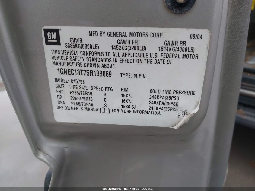 2005 Chevrolet Tahoe Ls VIN: 1GNEC13T75R138069 Lot: 42460219