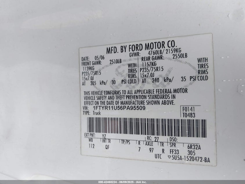 2006 FORD RANGER VIN: 1FTYR11U56PA95509