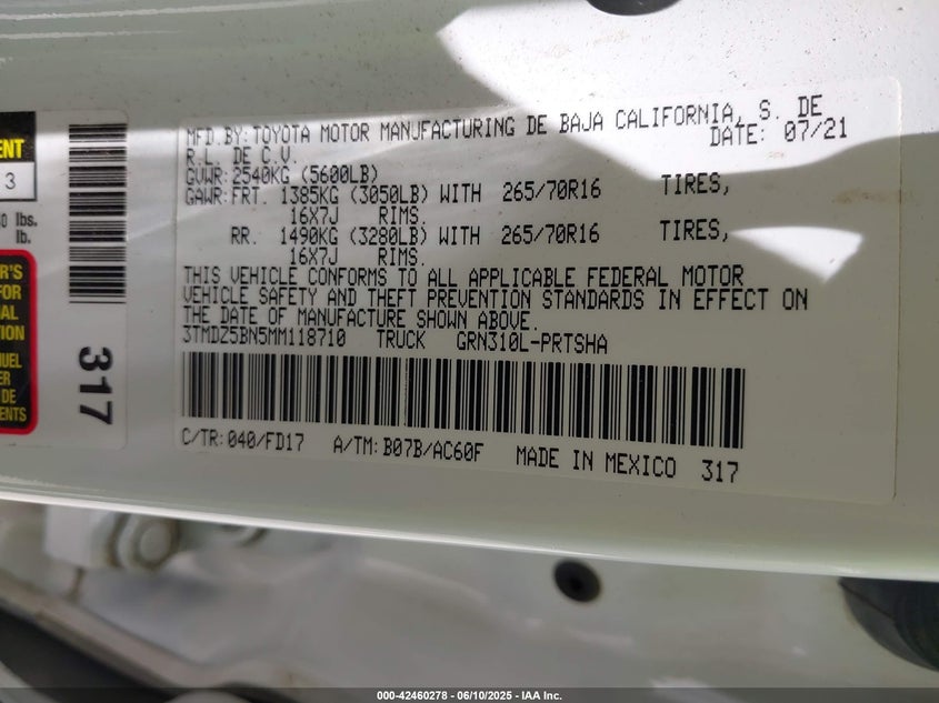 2021 TOYOTA TACOMA VIN: 3TMDZ5BN5MM118710