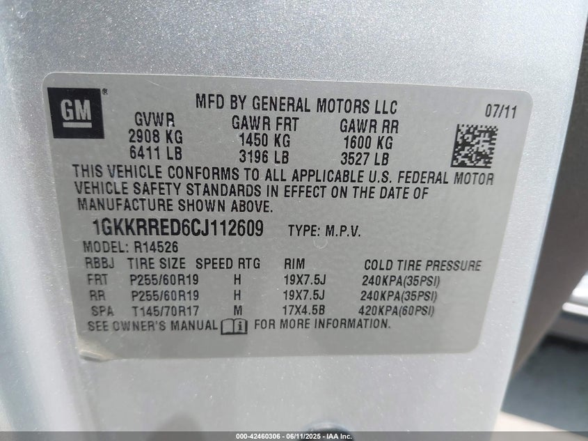 2012 GMC ACADIA VIN: 1GKKRRED6CJ112609