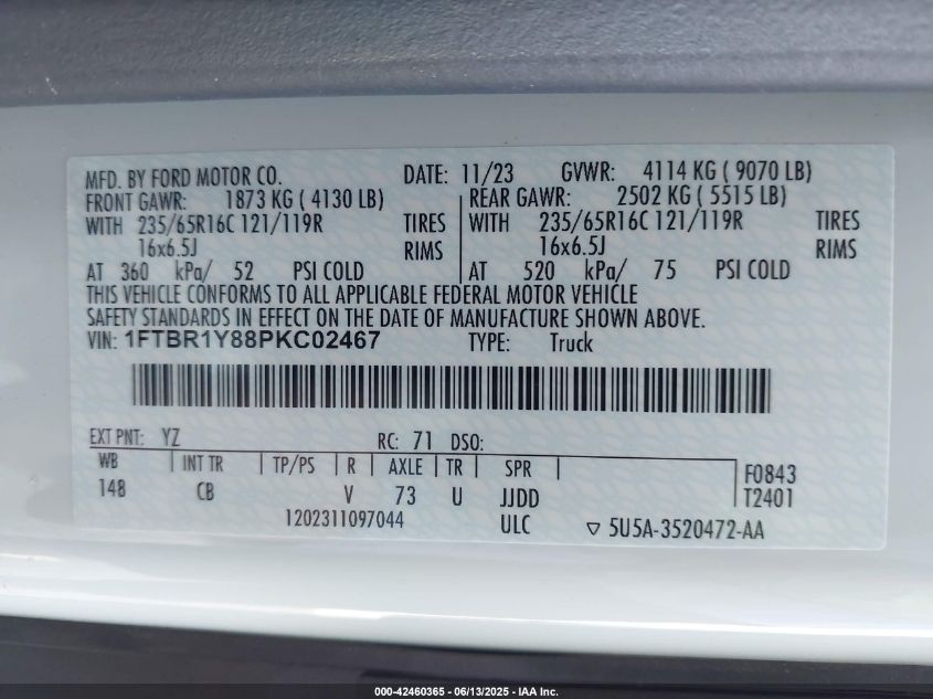 2023 Ford Transit-250 VIN: 1FTBR1Y88PKC02467 Lot: 42460365