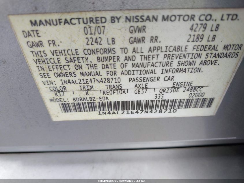 2007 Nissan Altima 2.5 S VIN: 1N4AL21E47N428710 Lot: 43437306